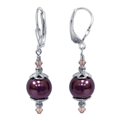 .925 Sterling Silver Drop Earrings with Faux Pearl and Bicone Austrian Crystals