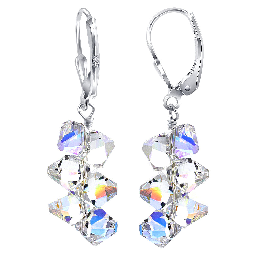 .925 Sterling Silver Leverback Dangle Earrings with Austrian Crystals Elegant Jewelry