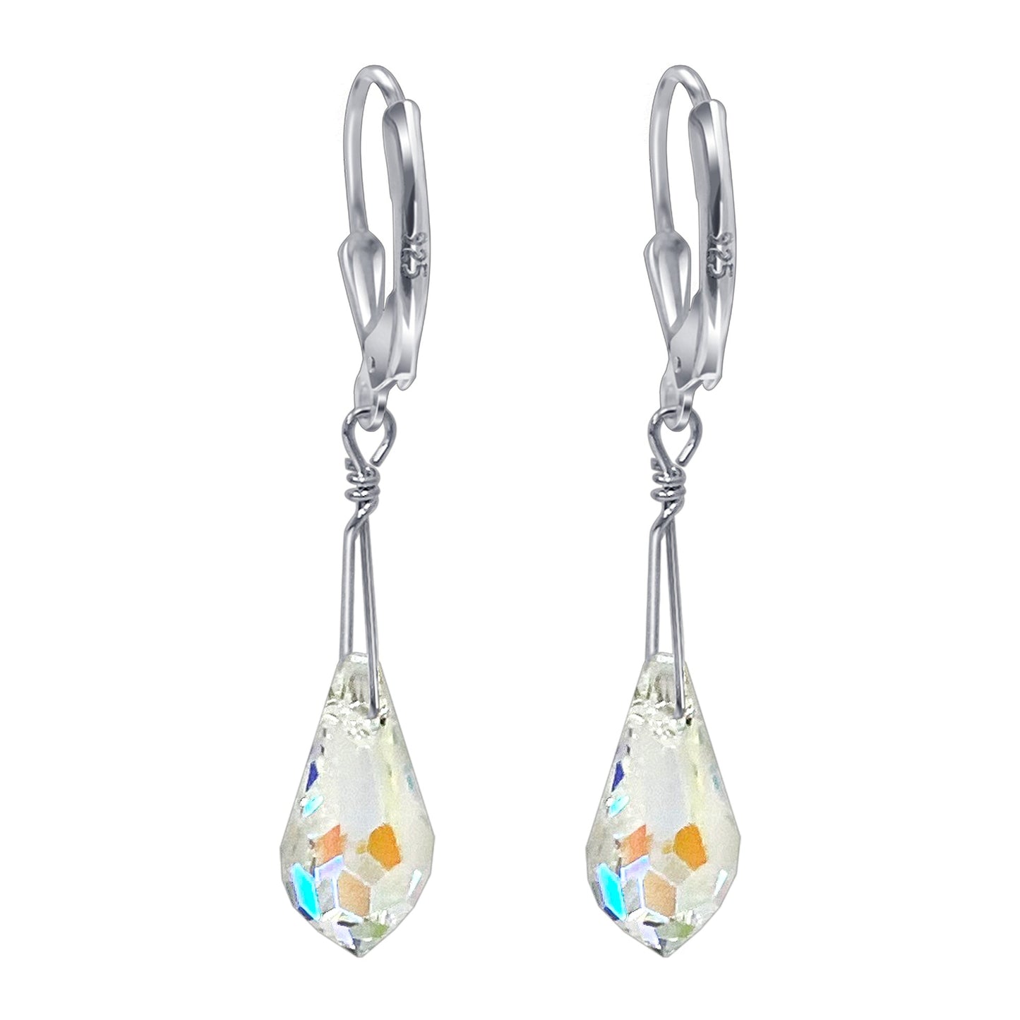 Teardrop Shaped Austrian Crystal Handmade 925 Sterling Silver Leverback Drop Earrings