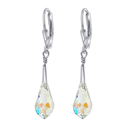 Teardrop Shaped Austrian Crystal Handmade 925 Sterling Silver Leverback Drop Earrings