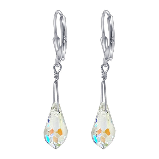 Teardrop Shaped Austrian Crystal Handmade 925 Sterling Silver Leverback Drop Earrings