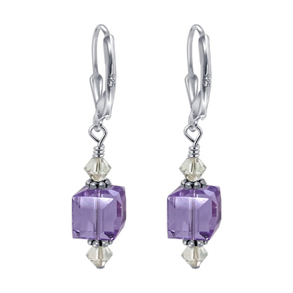 .925 Silver Drop Earrings with Faceted Cube and Bicone Austrian Crystals