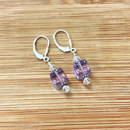 .925 Silver Drop Earrings with Faceted Cube and Bicone Austrian Crystals