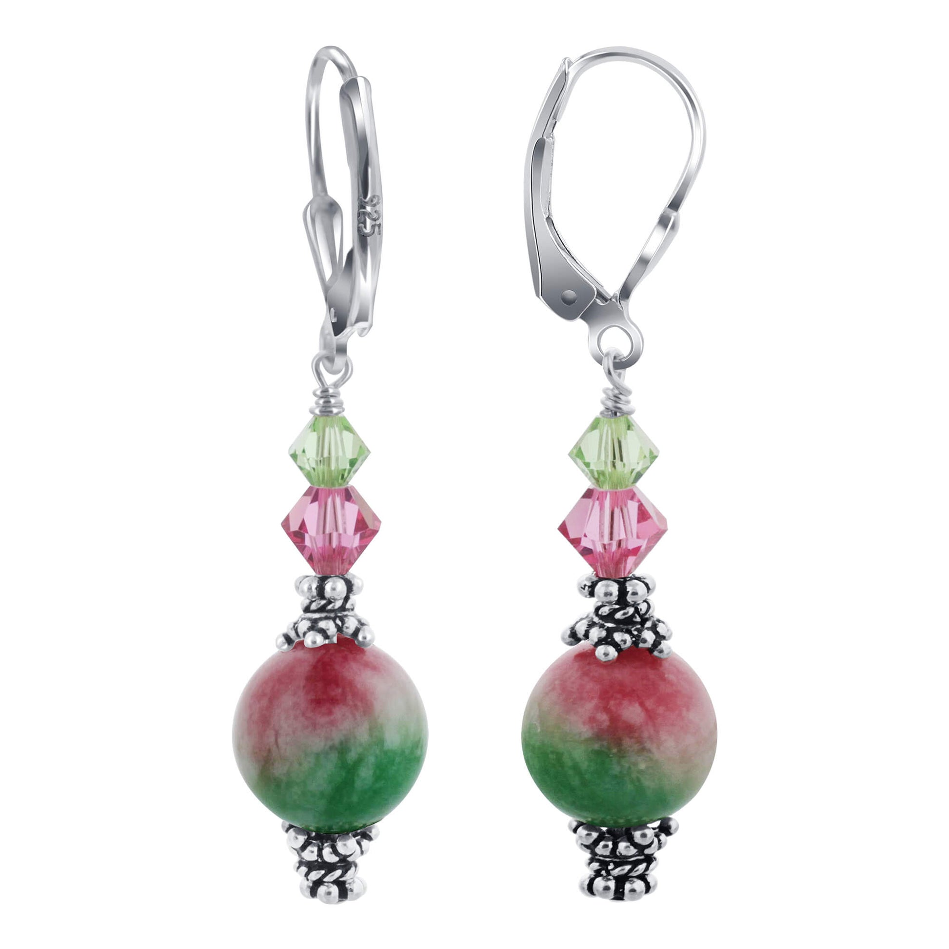 Pink Green Austrian Crystals 925 Sterling Silver Leverback Earrings - Gem Avenue