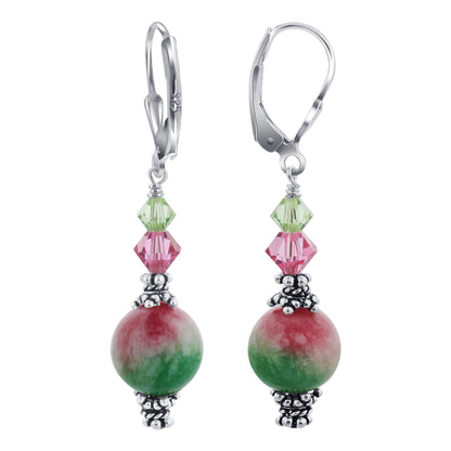 Pink Green Austrian Crystals 925 Sterling Silver Leverback Earrings - Gem Avenue