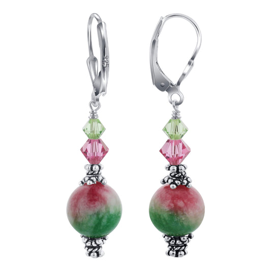Pink Green Austrian Crystals 925 Sterling Silver Leverback Earrings - Gem Avenue