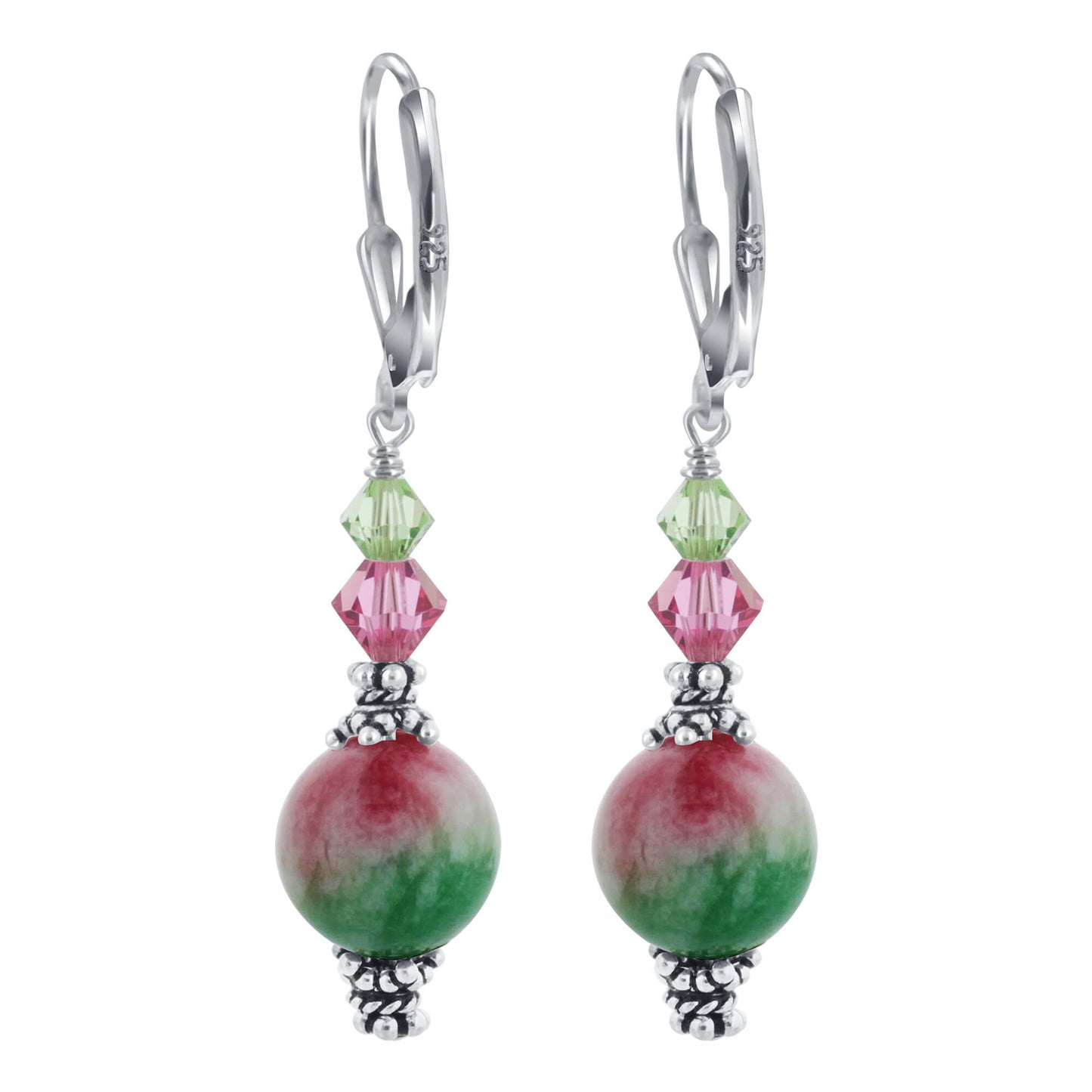 Pink Green Austrian Crystals 925 Sterling Silver Leverback Earrings - Gem Avenue