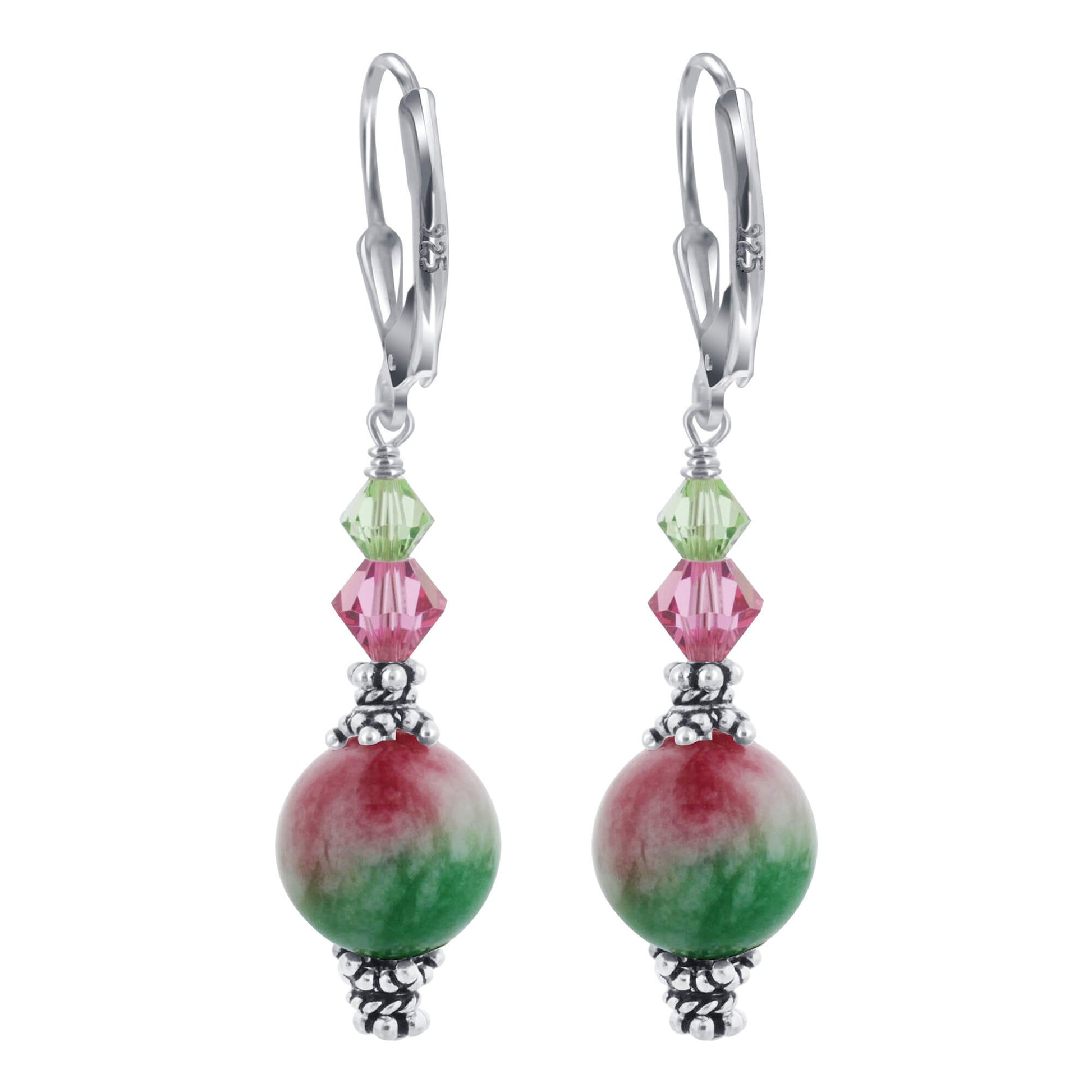 Pink Green Austrian Crystals 925 Sterling Silver Leverback Earrings - Gem Avenue