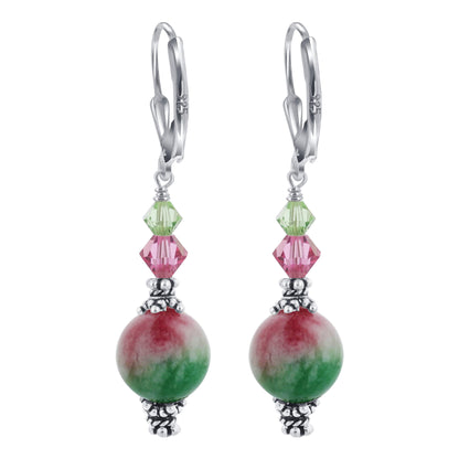 Pink Green Austrian Crystals 925 Sterling Silver Leverback Earrings - Gem Avenue
