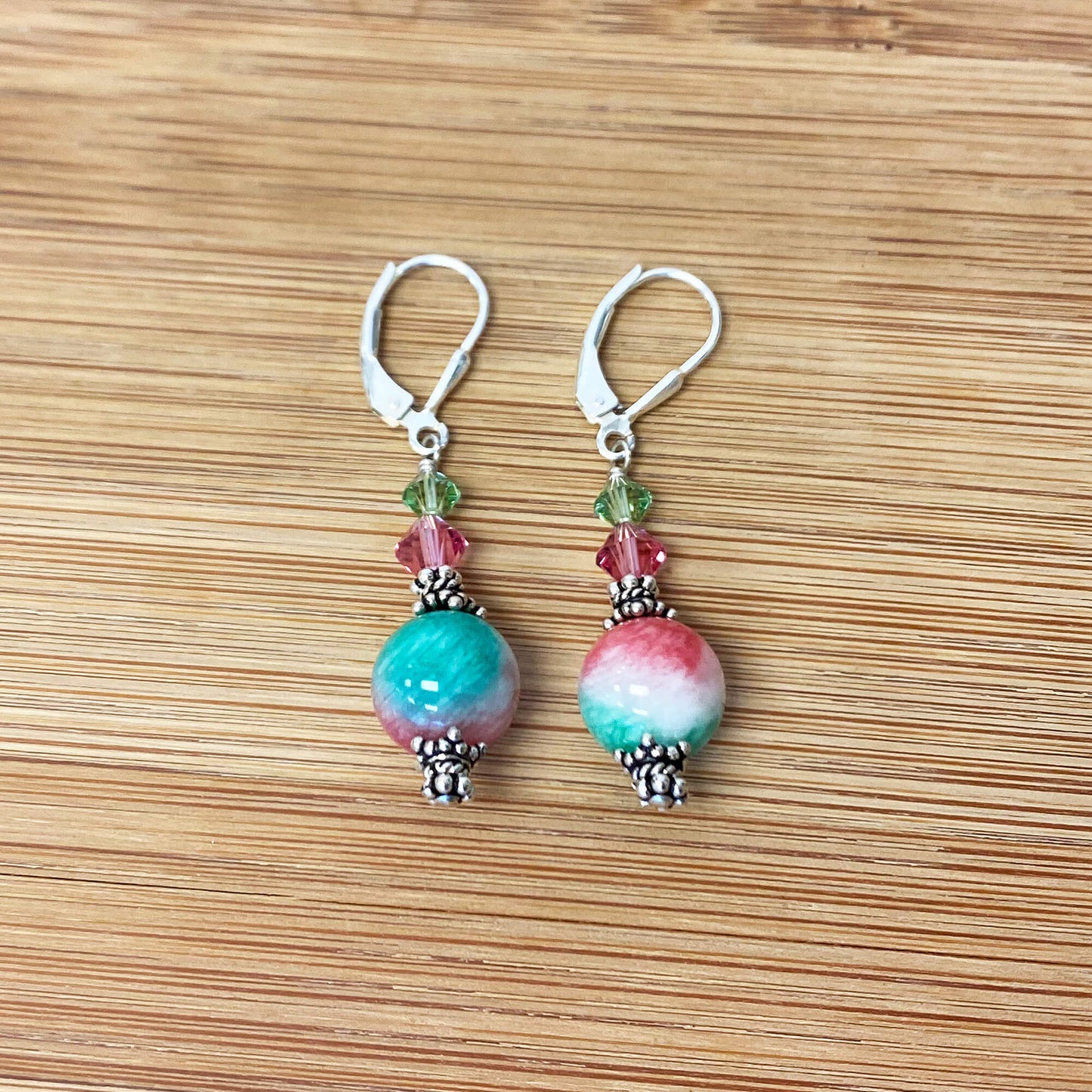 Pink Green Austrian Crystals 925 Sterling Silver Leverback Earrings - Gem Avenue