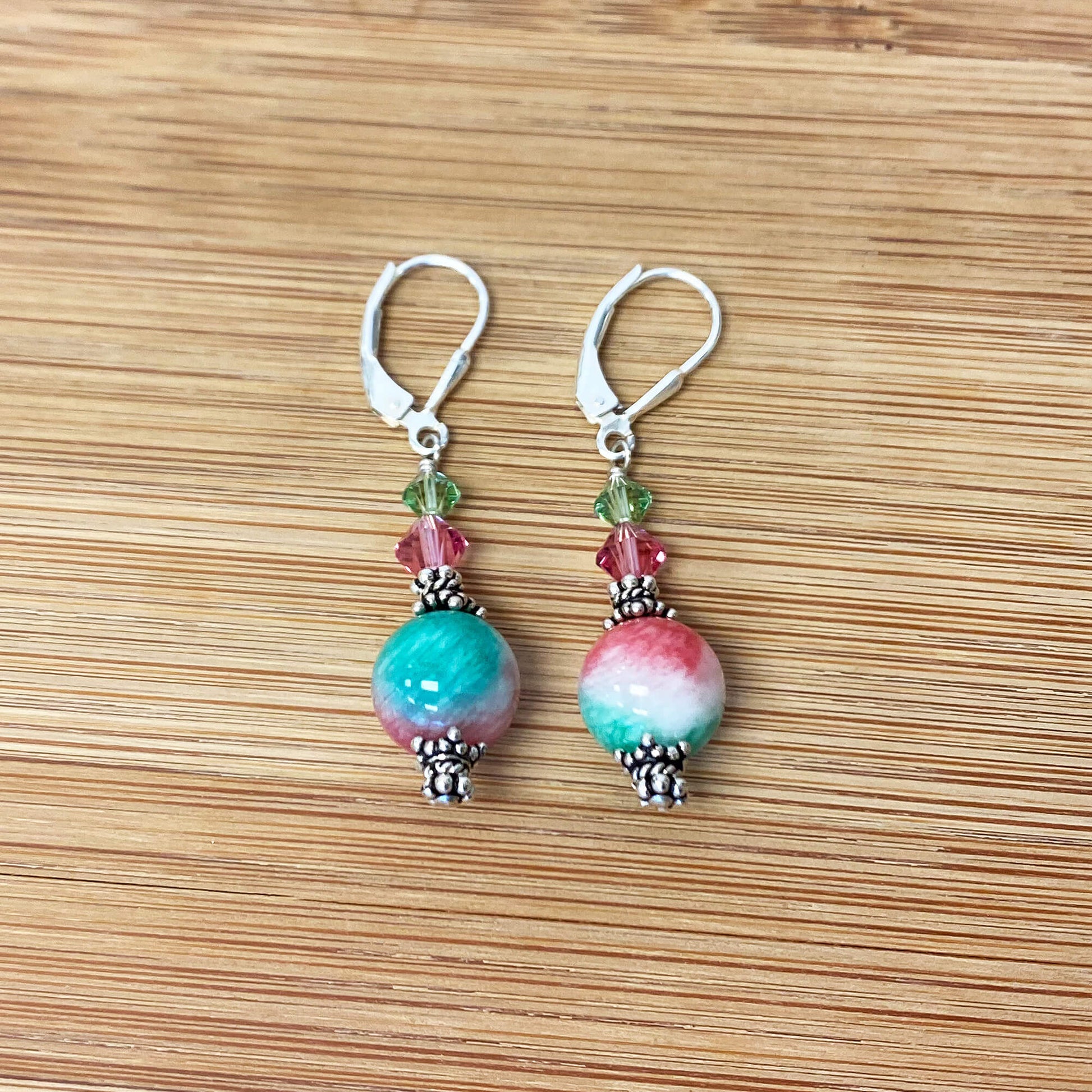 Pink Green Austrian Crystals 925 Sterling Silver Leverback Earrings - Gem Avenue