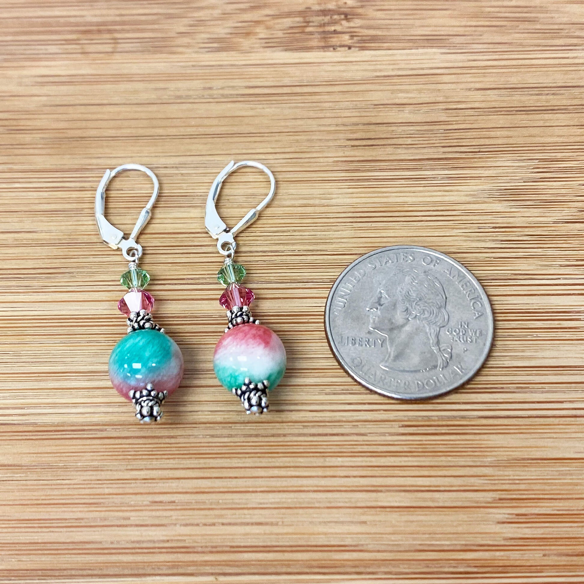 Pink Green Austrian Crystals 925 Sterling Silver Leverback Earrings - Gem Avenue