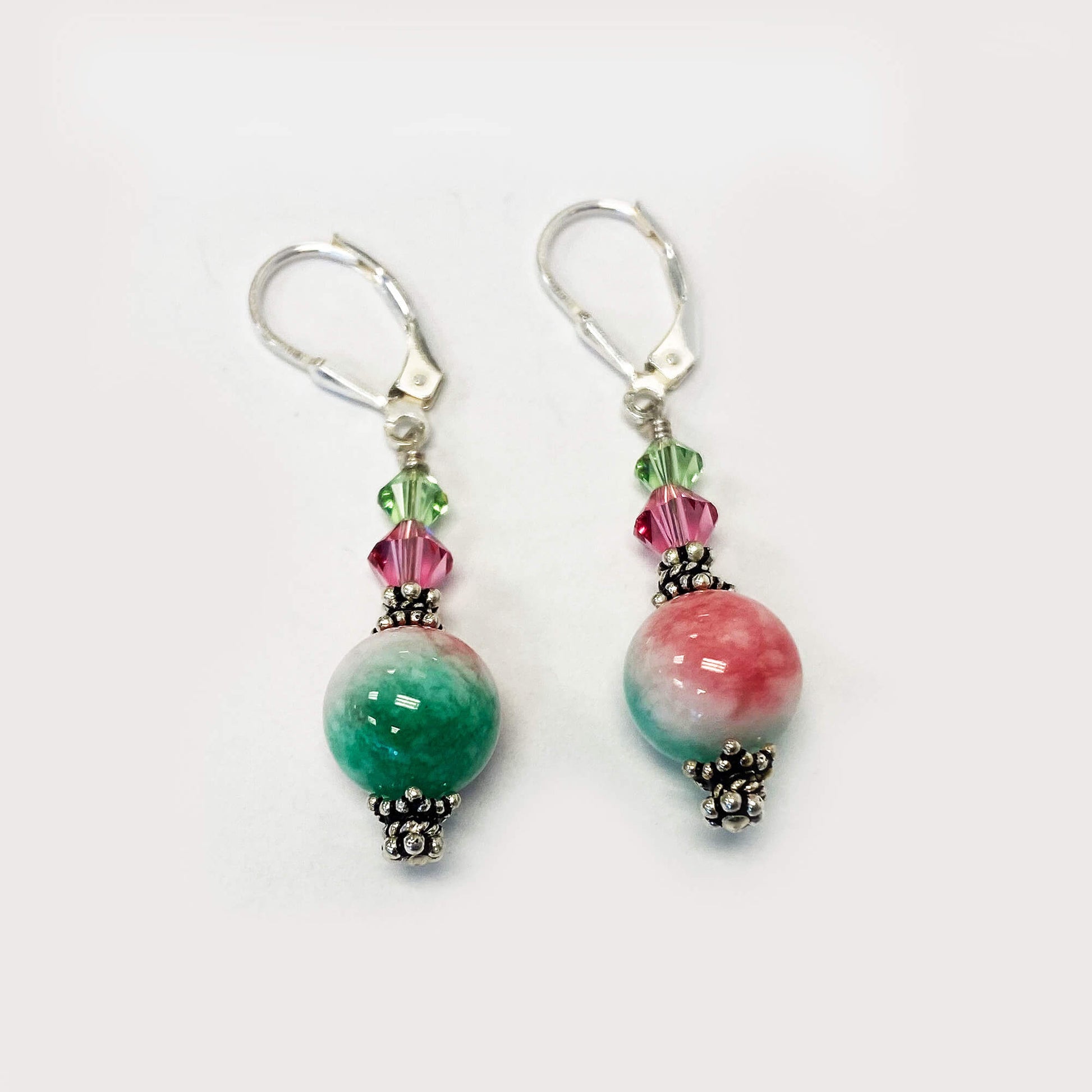 Pink Green Austrian Crystals 925 Sterling Silver Leverback Earrings - Gem Avenue