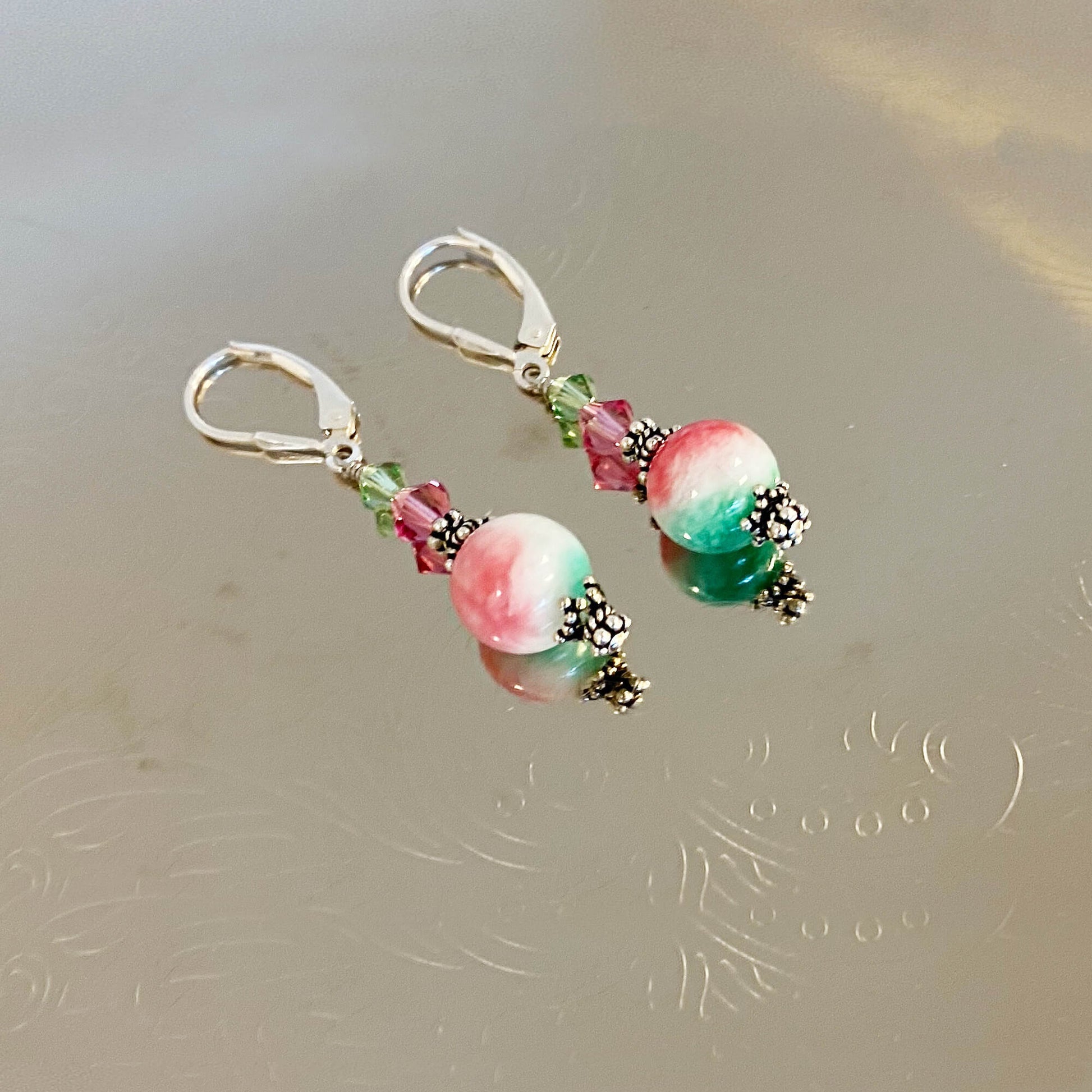 Pink Green Austrian Crystals 925 Sterling Silver Leverback Earrings - Gem Avenue