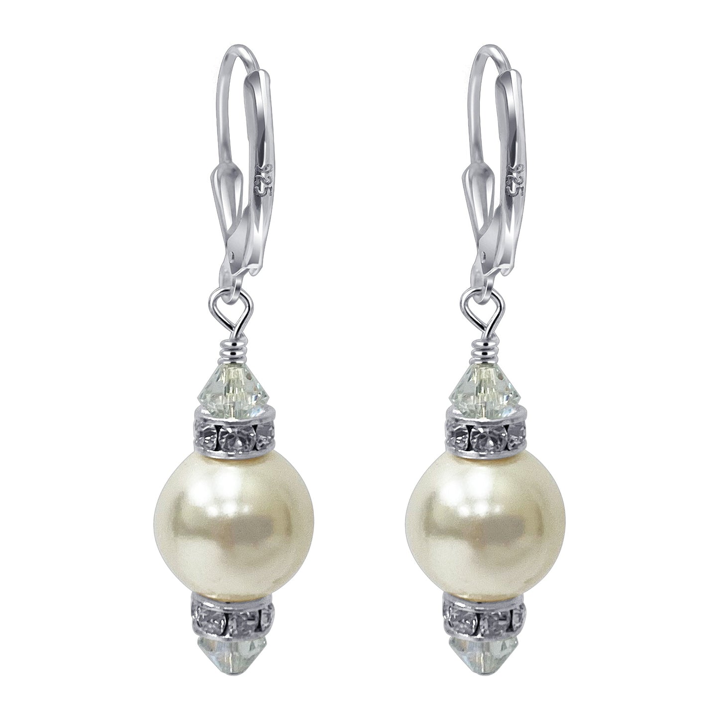 .925 Sterling Silver Drop Earrings with Faux Pearls Austrian Crystals