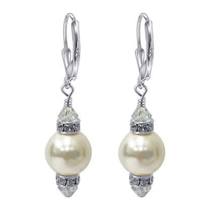 .925 Sterling Silver Drop Earrings with Faux Pearls Austrian Crystals