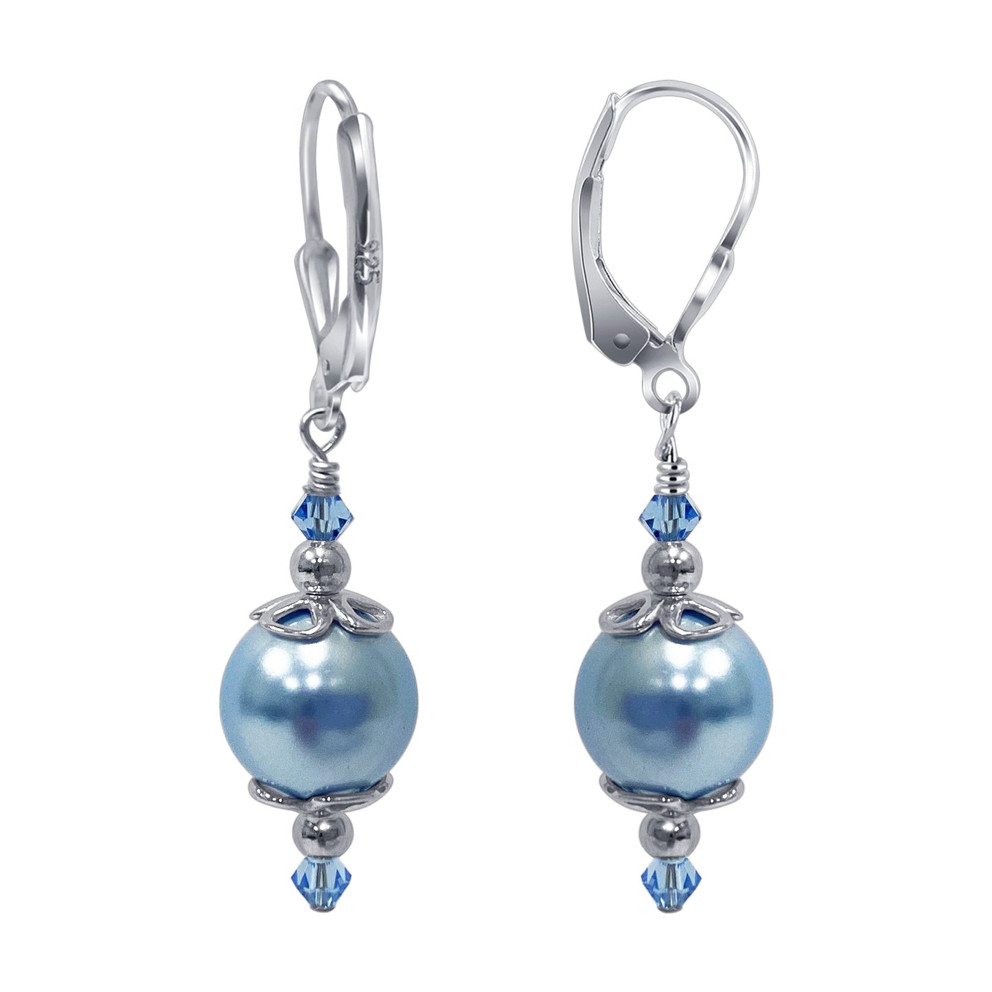 .925 Sterling Silver Drop Earrings with Faux Pearl and Bicone Austrian Crystals