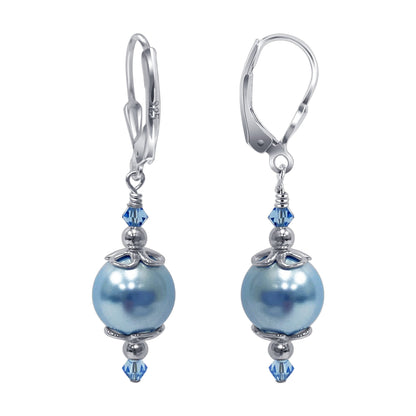 .925 Sterling Silver Drop Earrings with Faux Pearl and Bicone Austrian Crystals