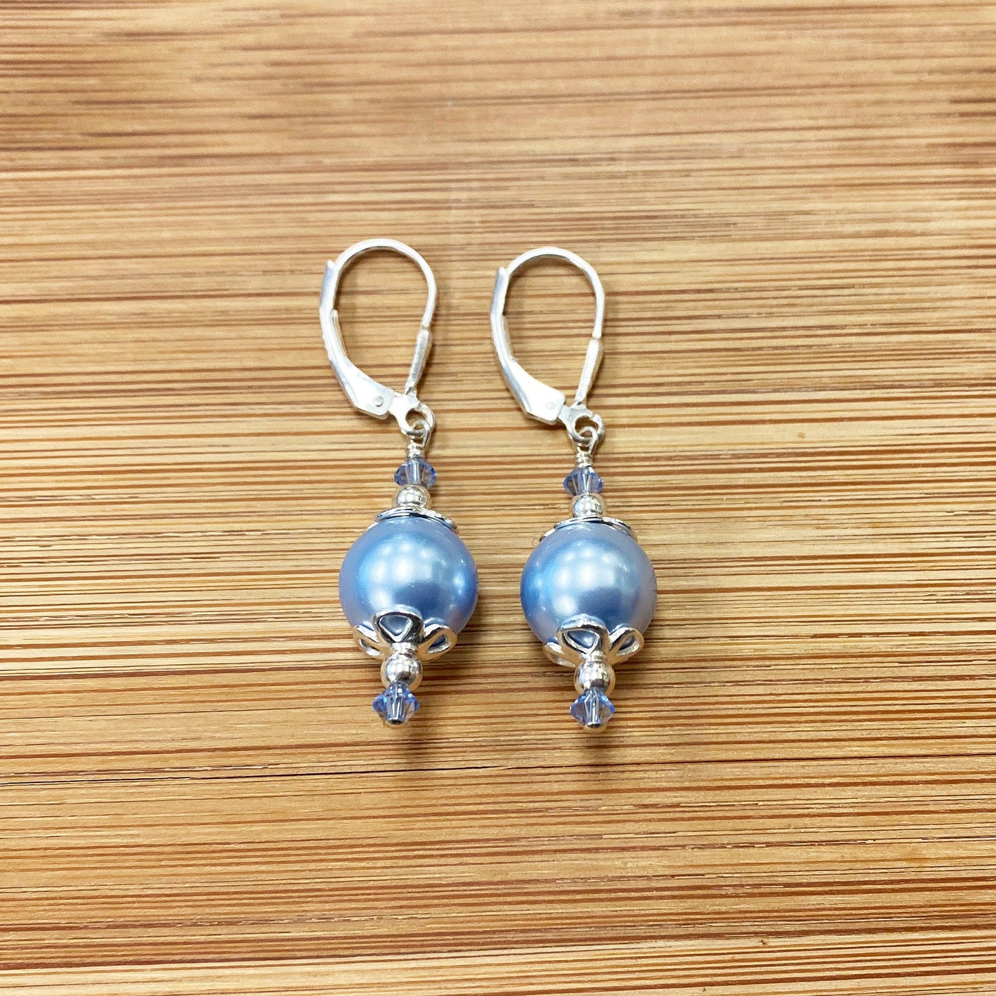 .925 Sterling Silver Drop Earrings with Faux Pearl and Bicone Austrian Crystals
