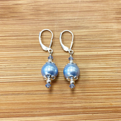 .925 Sterling Silver Drop Earrings with Faux Pearl and Bicone Austrian Crystals