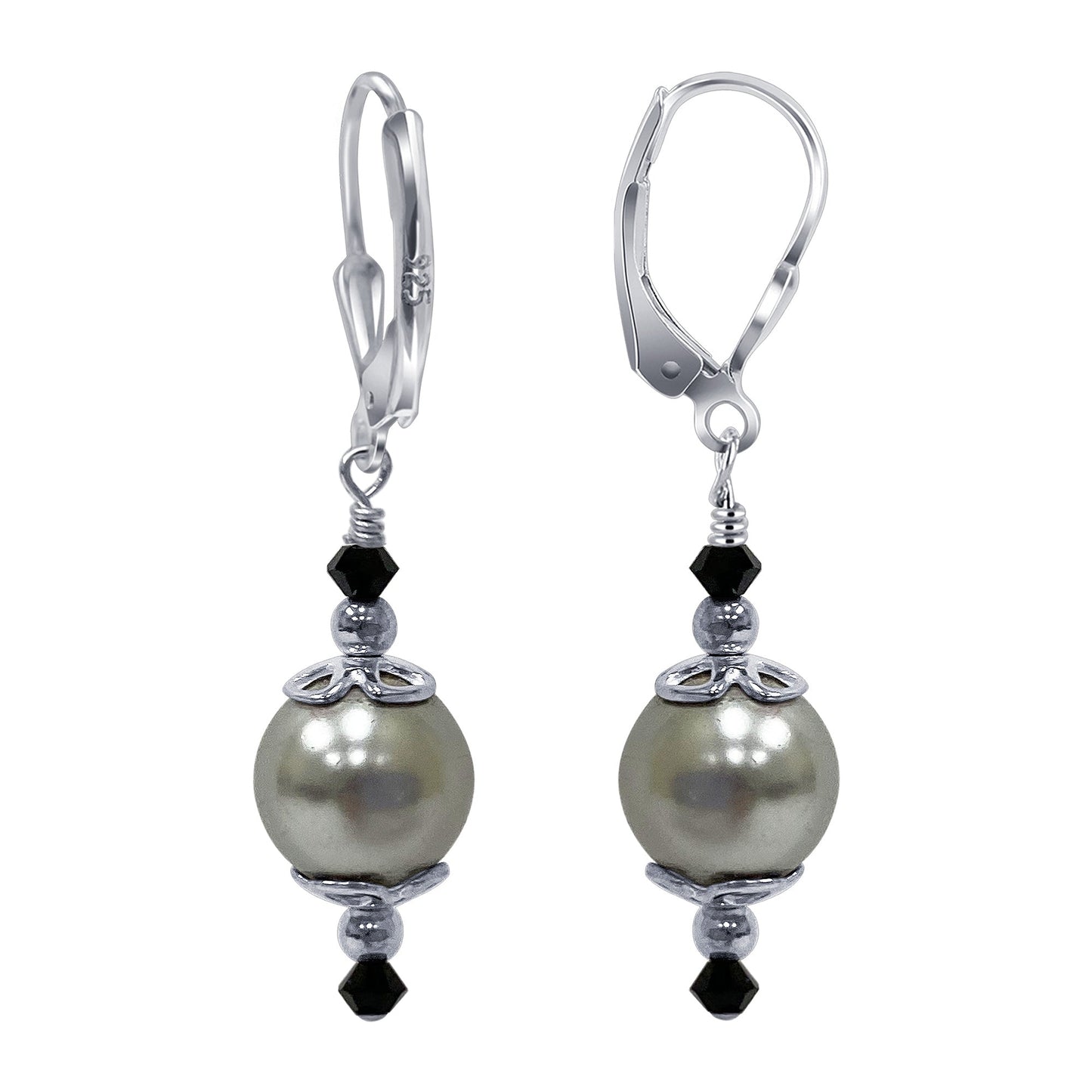 .925 Sterling Silver Drop Earrings with Faux Pearl and Bicone Austrian Crystals