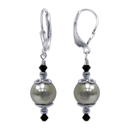 .925 Sterling Silver Drop Earrings with Faux Pearl and Bicone Austrian Crystals