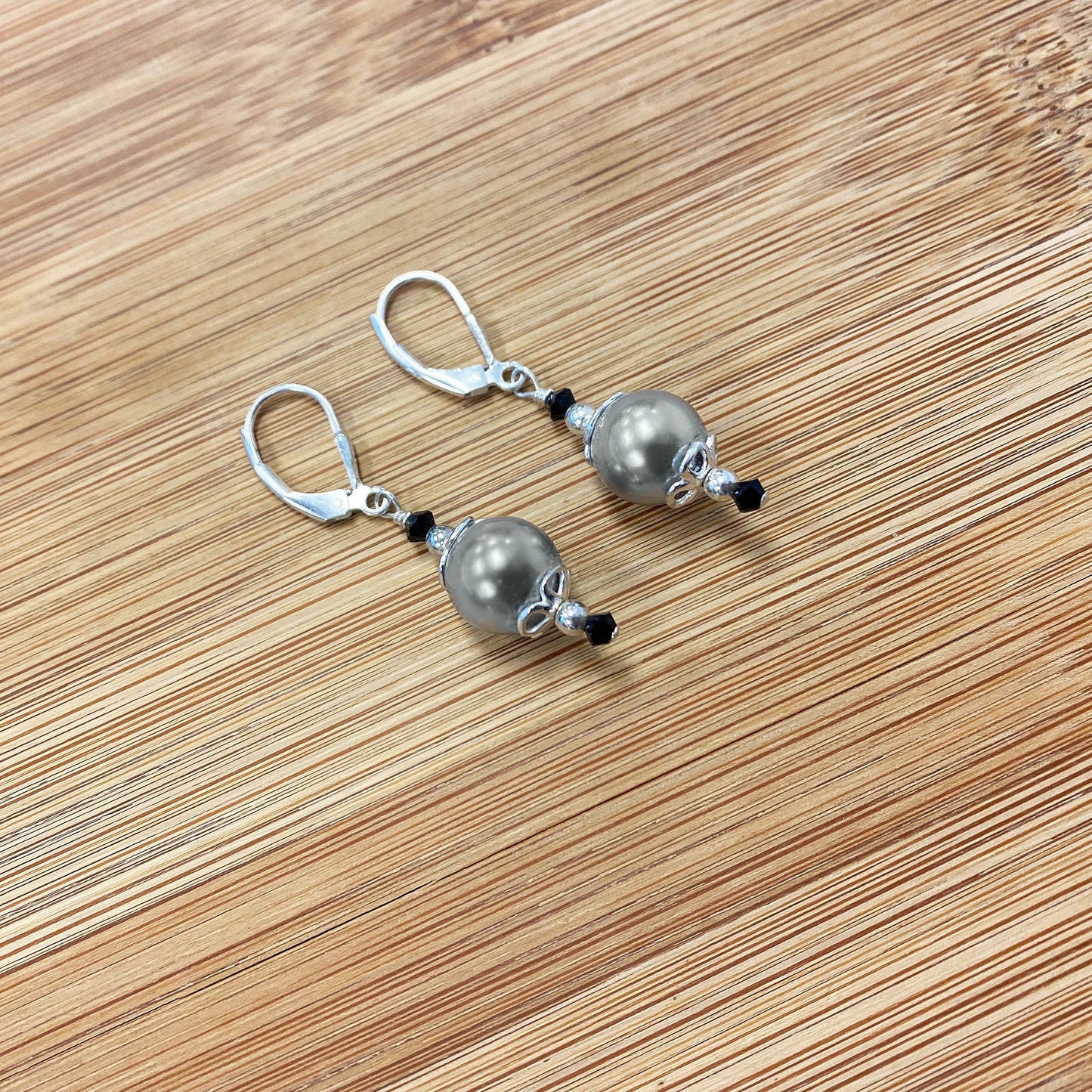 .925 Sterling Silver Drop Earrings with Faux Pearl and Bicone Austrian Crystals