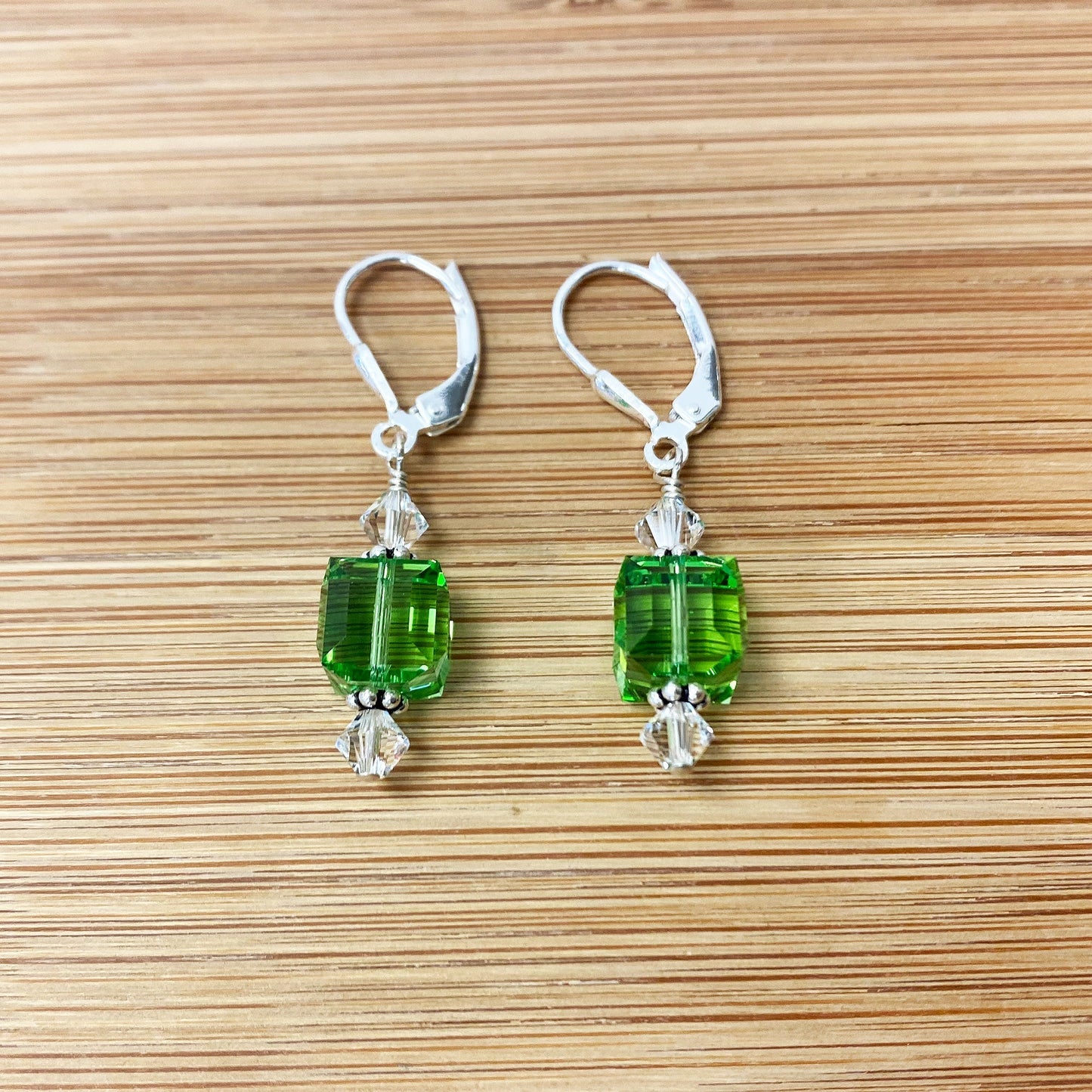 .925 Silver Drop Earrings with Faceted Cube and Bicone Austrian Crystals