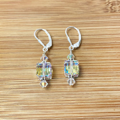 .925 Silver Drop Earrings with Faceted Cube and Bicone Austrian Crystals