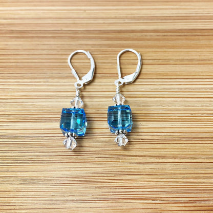 .925 Silver Drop Earrings with Faceted Cube and Bicone Austrian Crystals