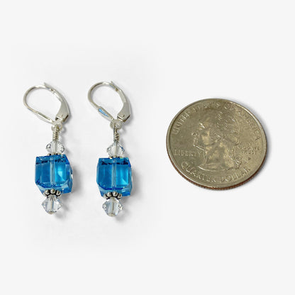 .925 Silver Drop Earrings with Faceted Cube and Bicone Austrian Crystals