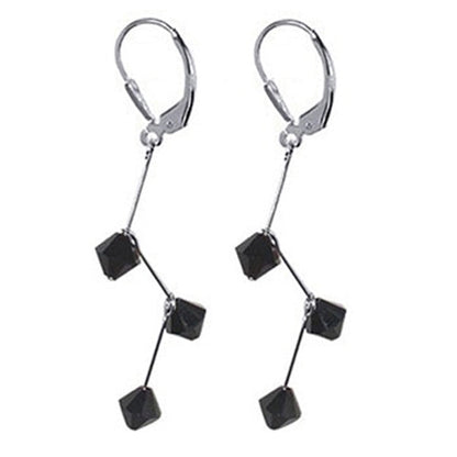 Black Austrian Crystals Handmade 925 Sterling Silver Zig Zag Drop Leverback Earrings 2 inch Long - Gem Avenue