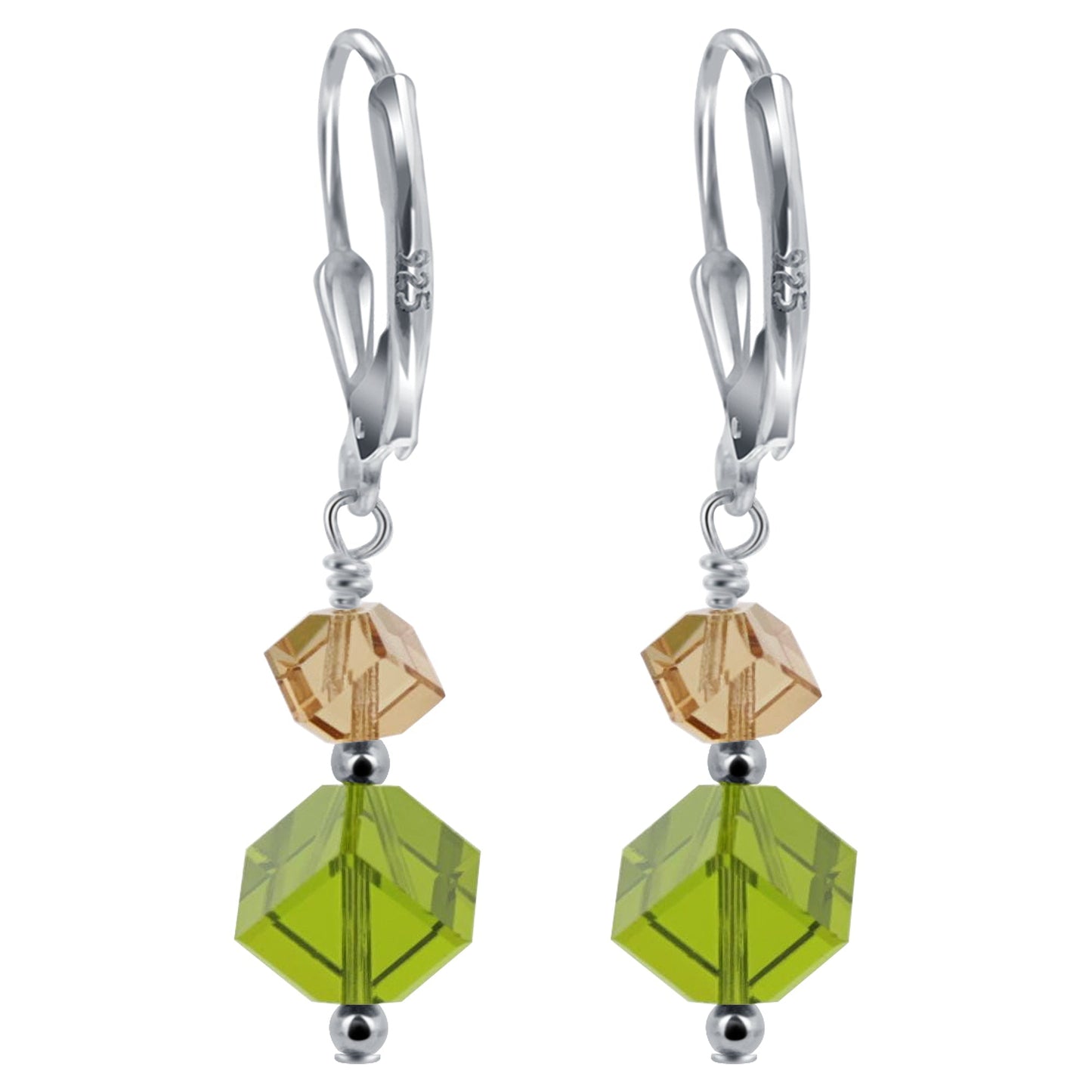 Green Austrian Crystals Handmade 925 Sterling Silver LeverBack Drop Earrings - Gem Avenue