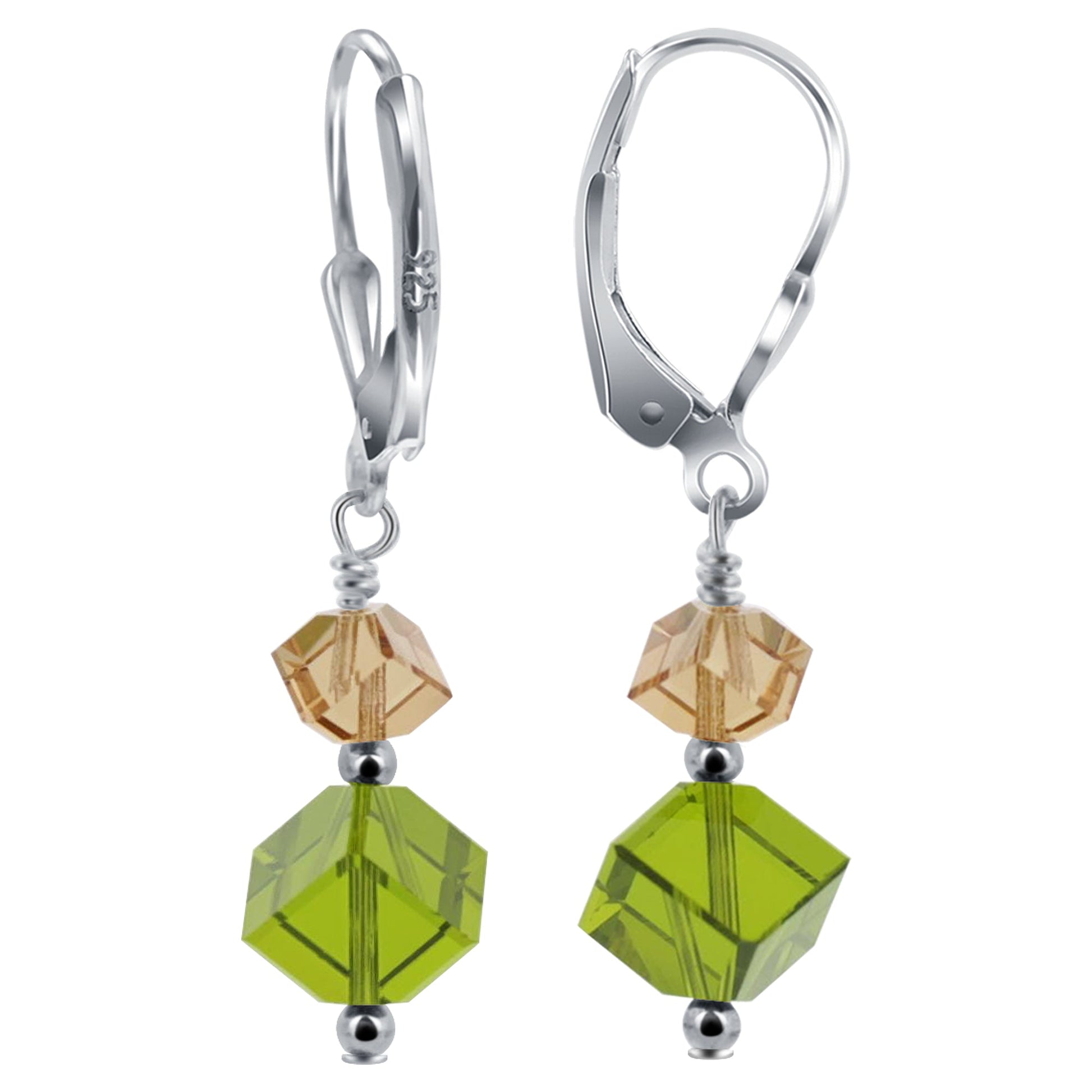 Green Austrian Crystals Handmade 925 Sterling Silver LeverBack Drop Earrings - Gem Avenue