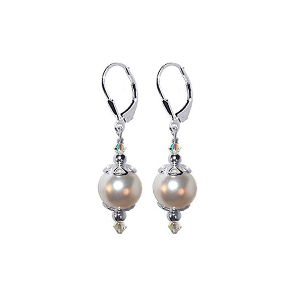 .925 Sterling Silver Drop Earrings with Faux Pearl and Bicone Austrian Crystals