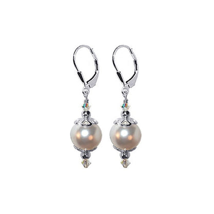 .925 Sterling Silver Drop Earrings with Faux Pearl and Bicone Austrian Crystals