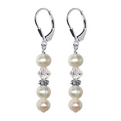 Freshwater Pearl Austrian Crystal 925 Sterling Silver Leverback Drop Earrings - Gem Avenue
