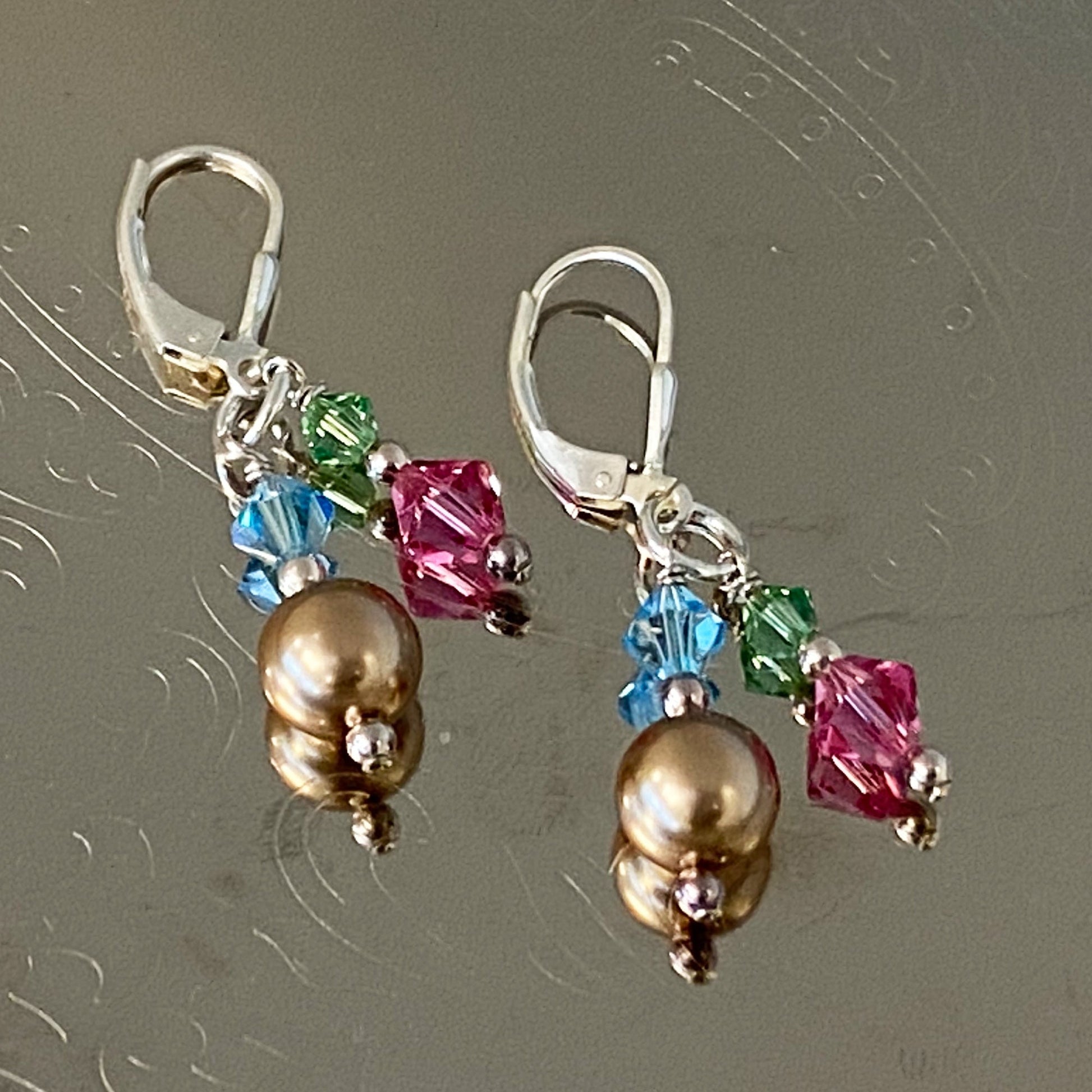 Pearl & Austrian Crystals 925 Sterling Silver Leverback Drop Earrings 1.5 inch long - Gem Avenue
