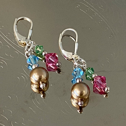 Pearl & Austrian Crystals 925 Sterling Silver Leverback Drop Earrings 1.5 inch long - Gem Avenue