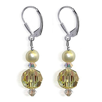 Yellow Pearl Austrian Crystals 925 Sterling Silver Leverback Drop Earrings - Gem Avenue