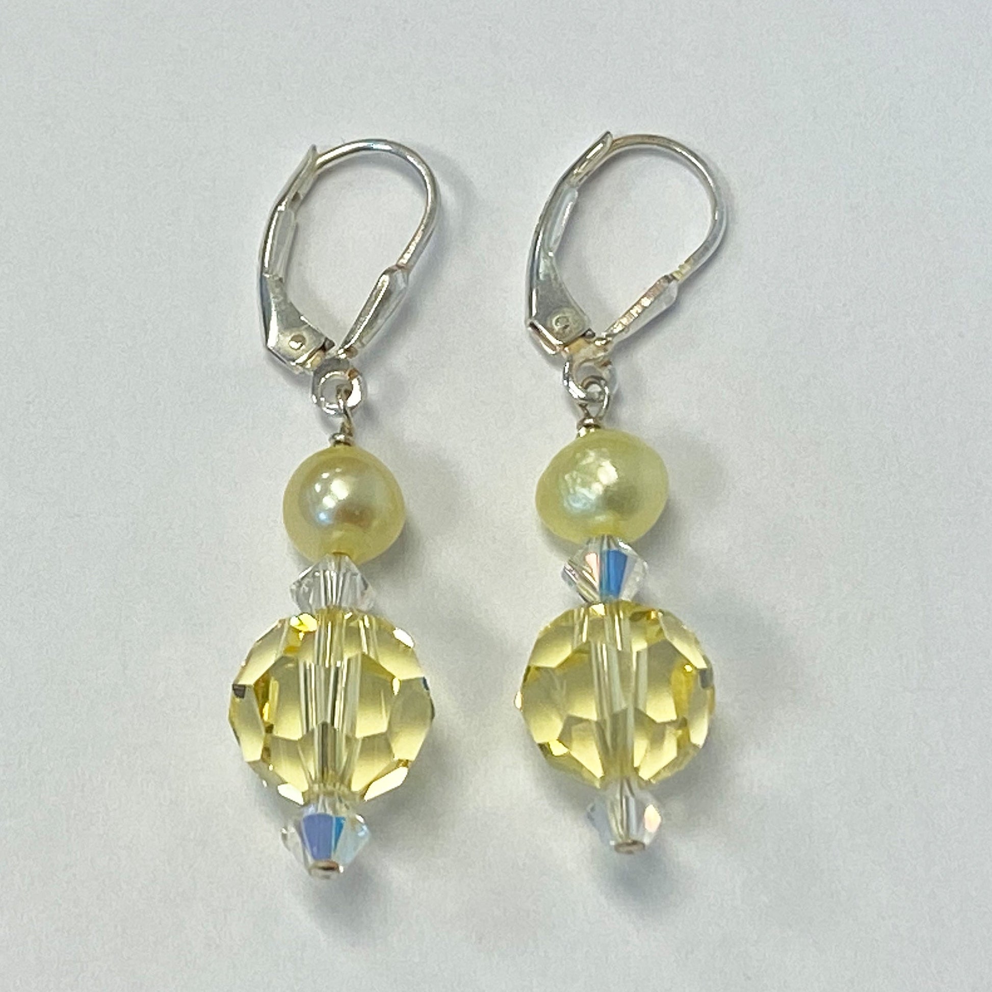 Yellow Pearl Austrian Crystals 925 Sterling Silver Leverback Drop Earrings - Gem Avenue