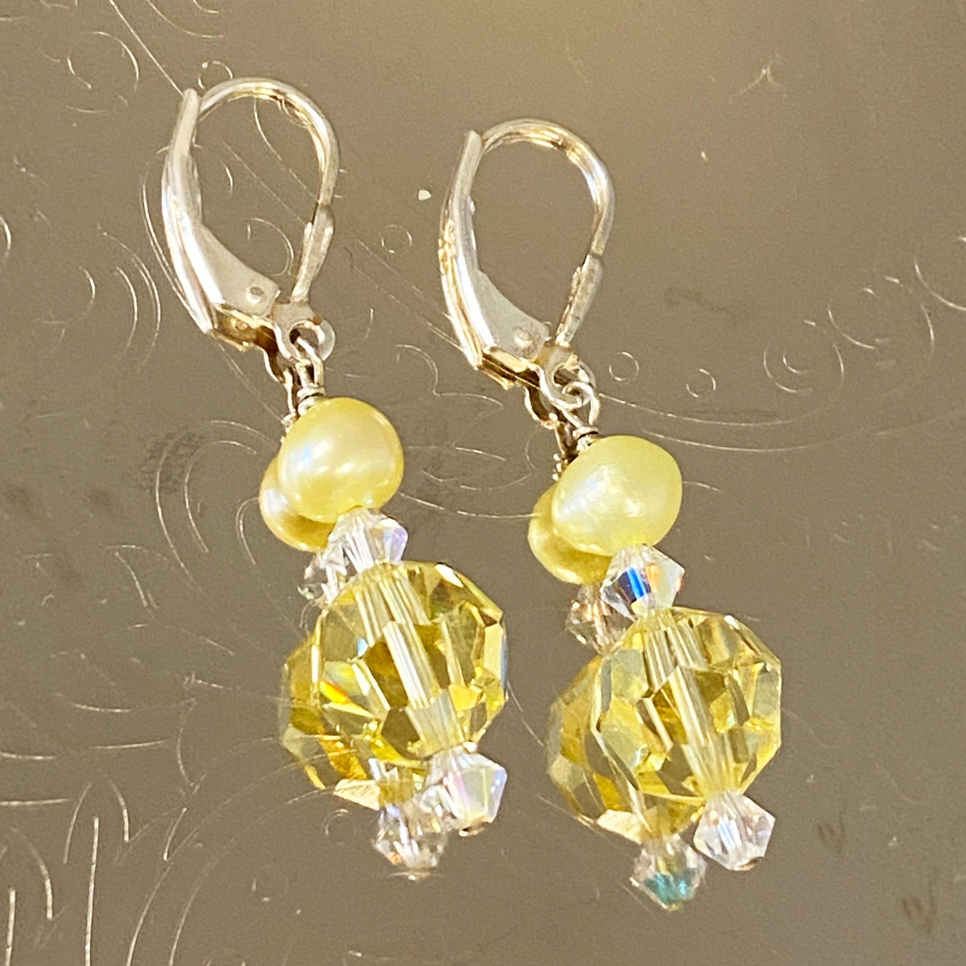Yellow Pearl Austrian Crystals 925 Sterling Silver Leverback Drop Earrings - Gem Avenue