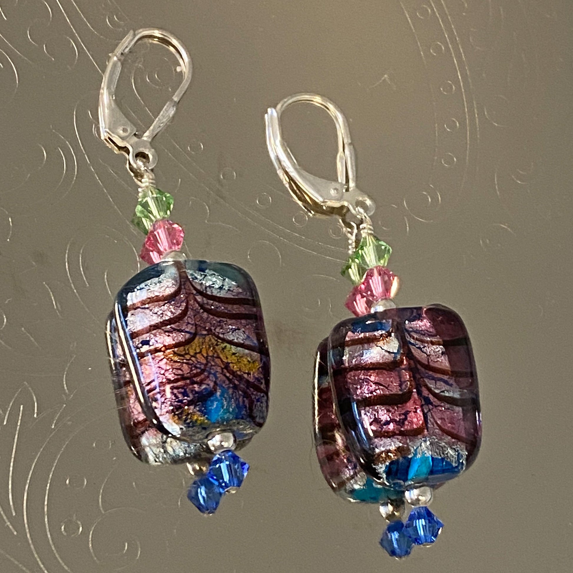 Blown Glass with Austrian Crystals 925 Sterling Silver Leverback Earrings - Gem Avenue