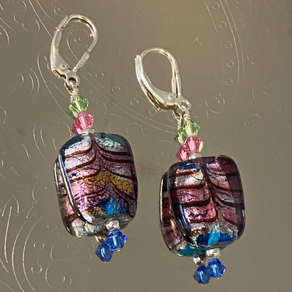 Blown Glass with Austrian Crystals 925 Sterling Silver Leverback Earrings - Gem Avenue