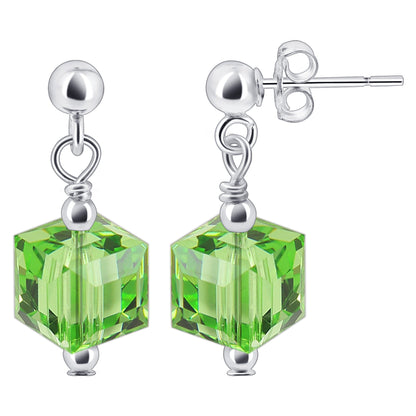 Handmade 925 Sterling Silver Drop Earrings with 6mm Cube Shape Austrian Crystals