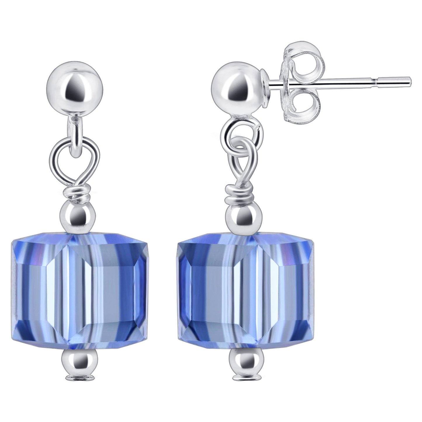 Handmade 925 Sterling Silver Drop Earrings with 6mm Cube Shape Austrian Crystals