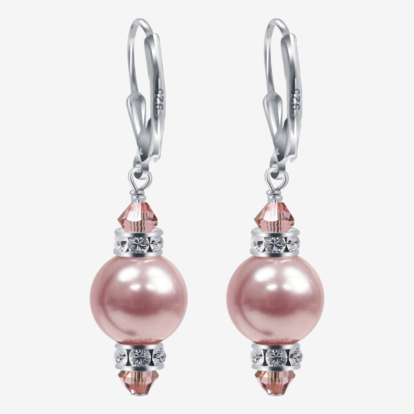 .925 Sterling Silver Drop Earrings with Faux Pearls Austrian Crystals