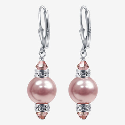 .925 Sterling Silver Drop Earrings with Faux Pearls Austrian Crystals