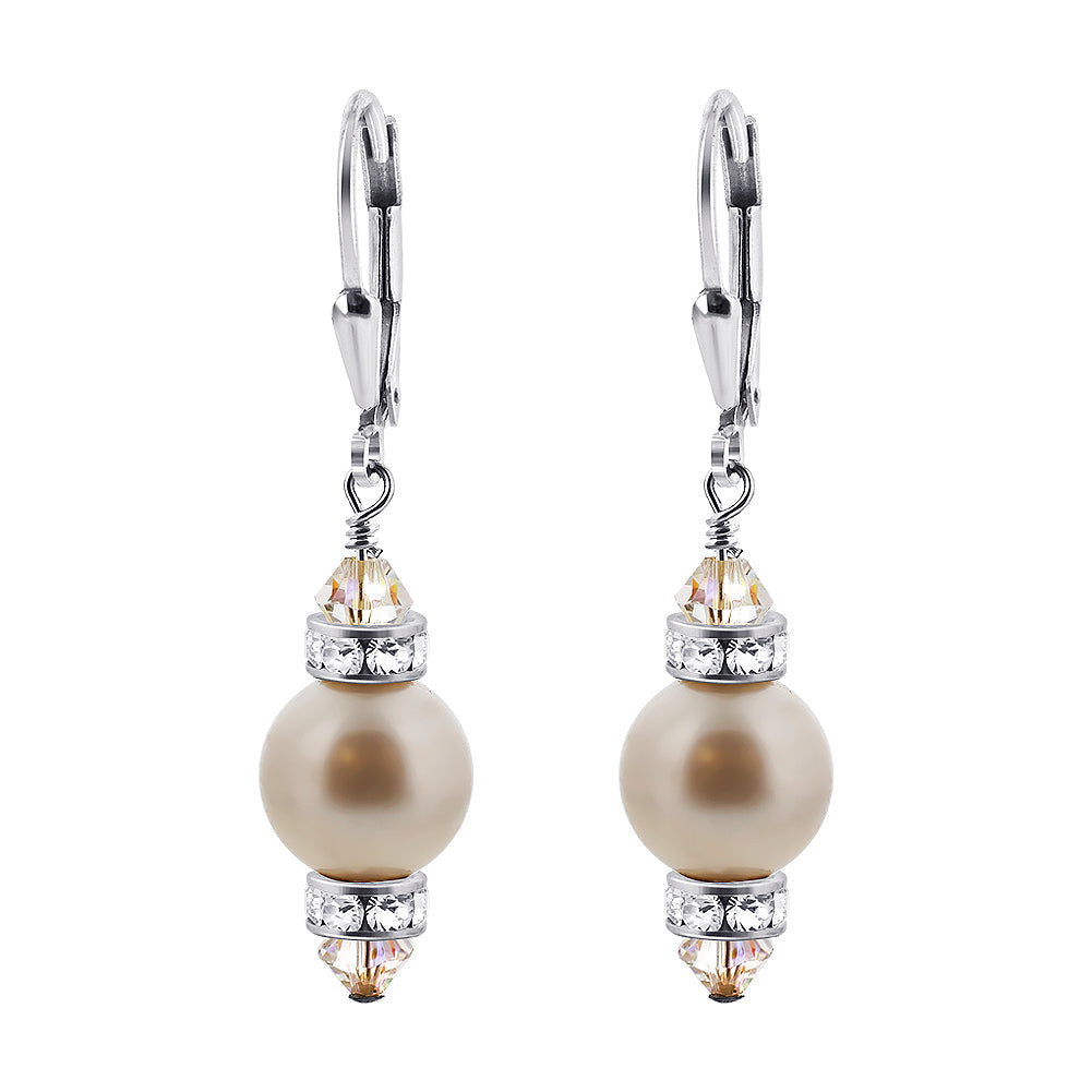 .925 Sterling Silver Drop Earrings with Faux Pearls Austrian Crystals