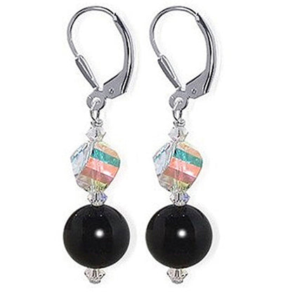 Black Onyx with Austrian Crystal 925 Sterling Silver Leverback Drop Earrings 1 inch long - Gem Avenue